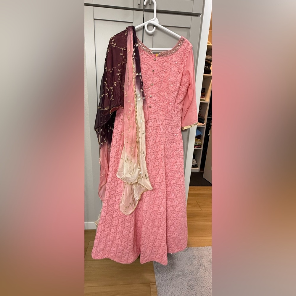 Elegant Pink Embroidered Dress with Scarf